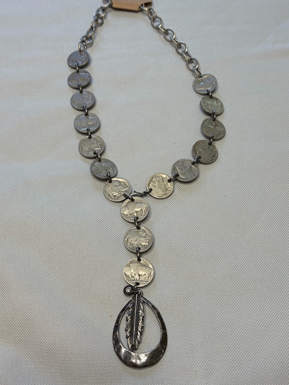 Elegant Silver-Tone Buffalo Coin and Feather Y-Necklace - Picture 3 of 6
